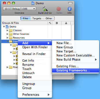 'Add > Existing Frameworks' Contextual Menu